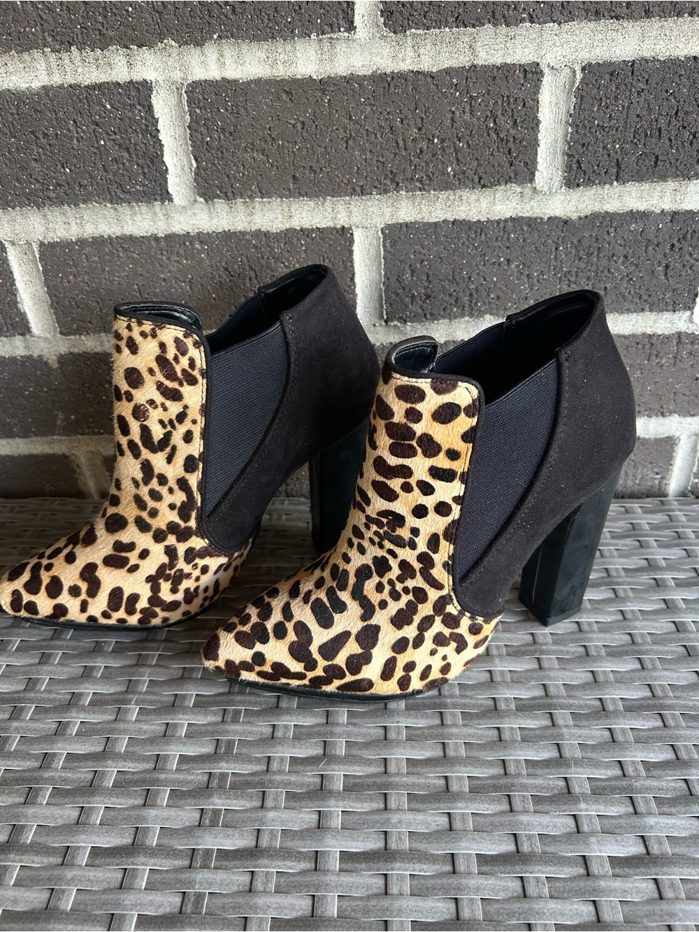 ALDO Leopard Print High Heel Ankle Booties - Black and Tan Size 8